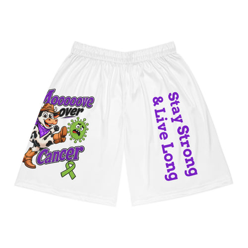 Moooove Over Cancer basketball shorts with green ribbon and Stay Strong & Live Long artwork