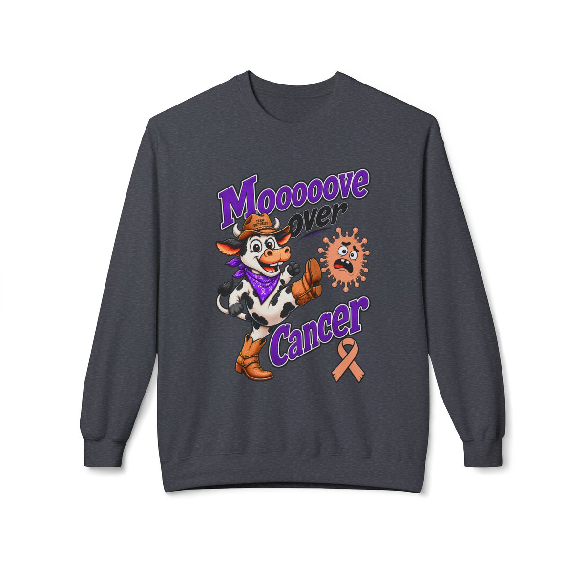 Gray Moooove Over Cancer sweatshirt with Uterine Cancer awareness ribbon design