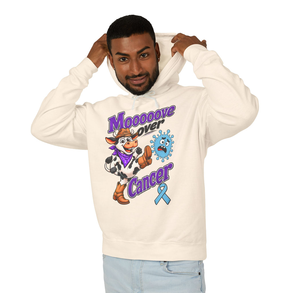 Model wearing the Moooove Over Cancer hoodie with Prostate Cancer awareness ribbon