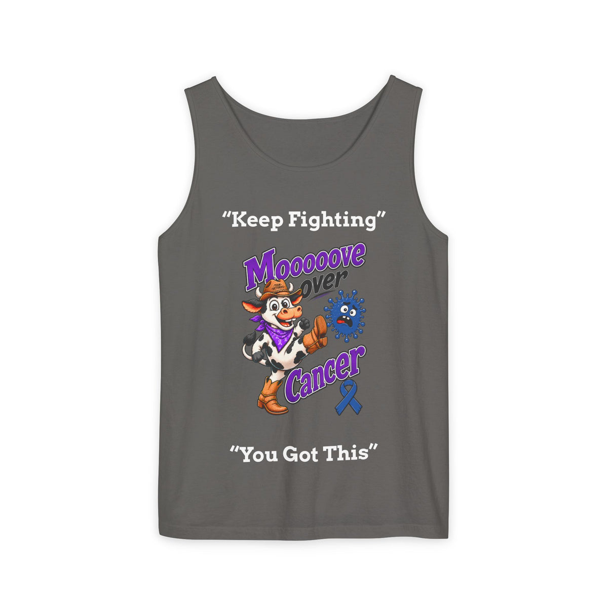 Dark gray Moooove Over Cancer tank top with Colon Cancer awareness ribbon design