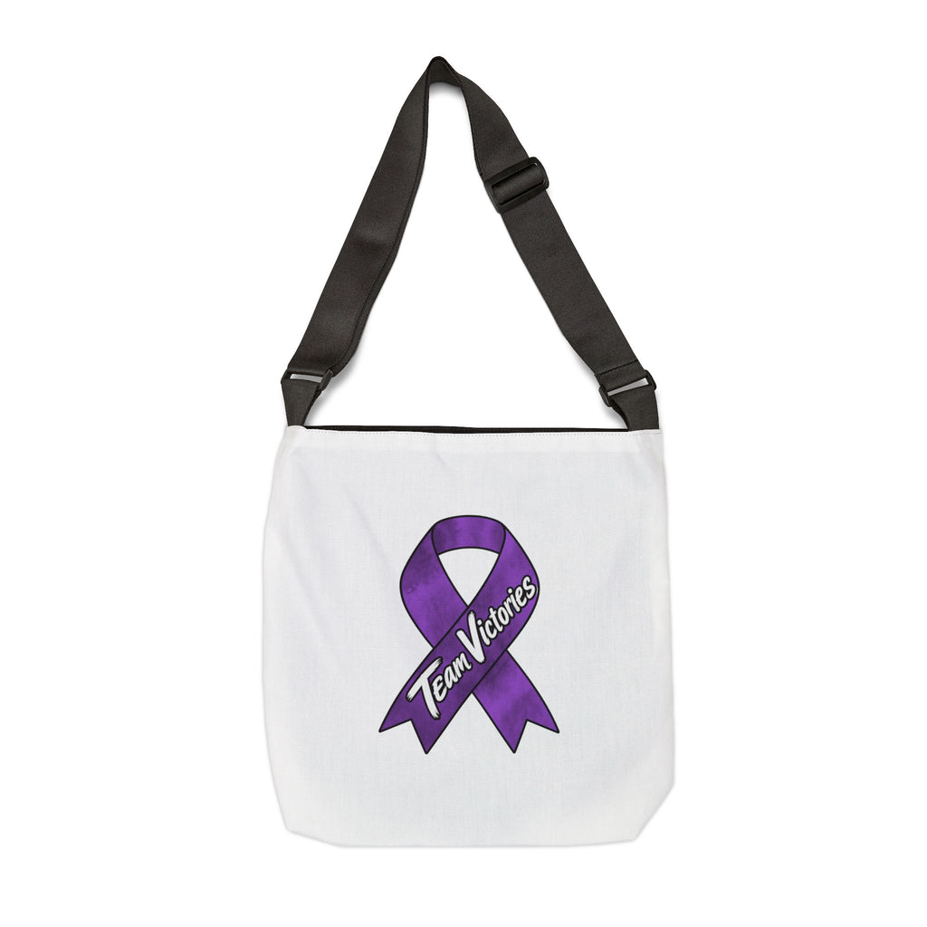 Team Victories purple ribbon tote bag shown from the back