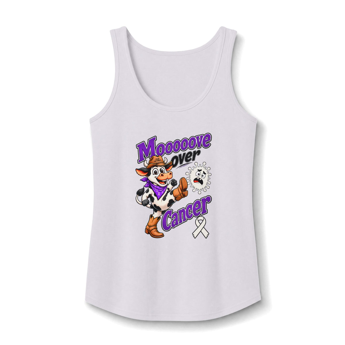 Moooove Over Cancer white tank top with Lung Cancer awareness ribbon artwork
