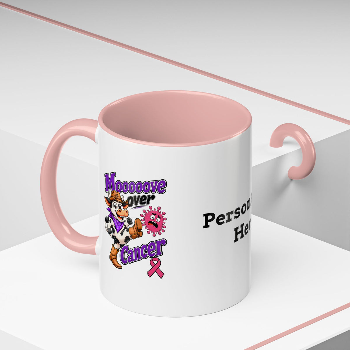 Moooove Over Cancer mug with red accent interior and handle