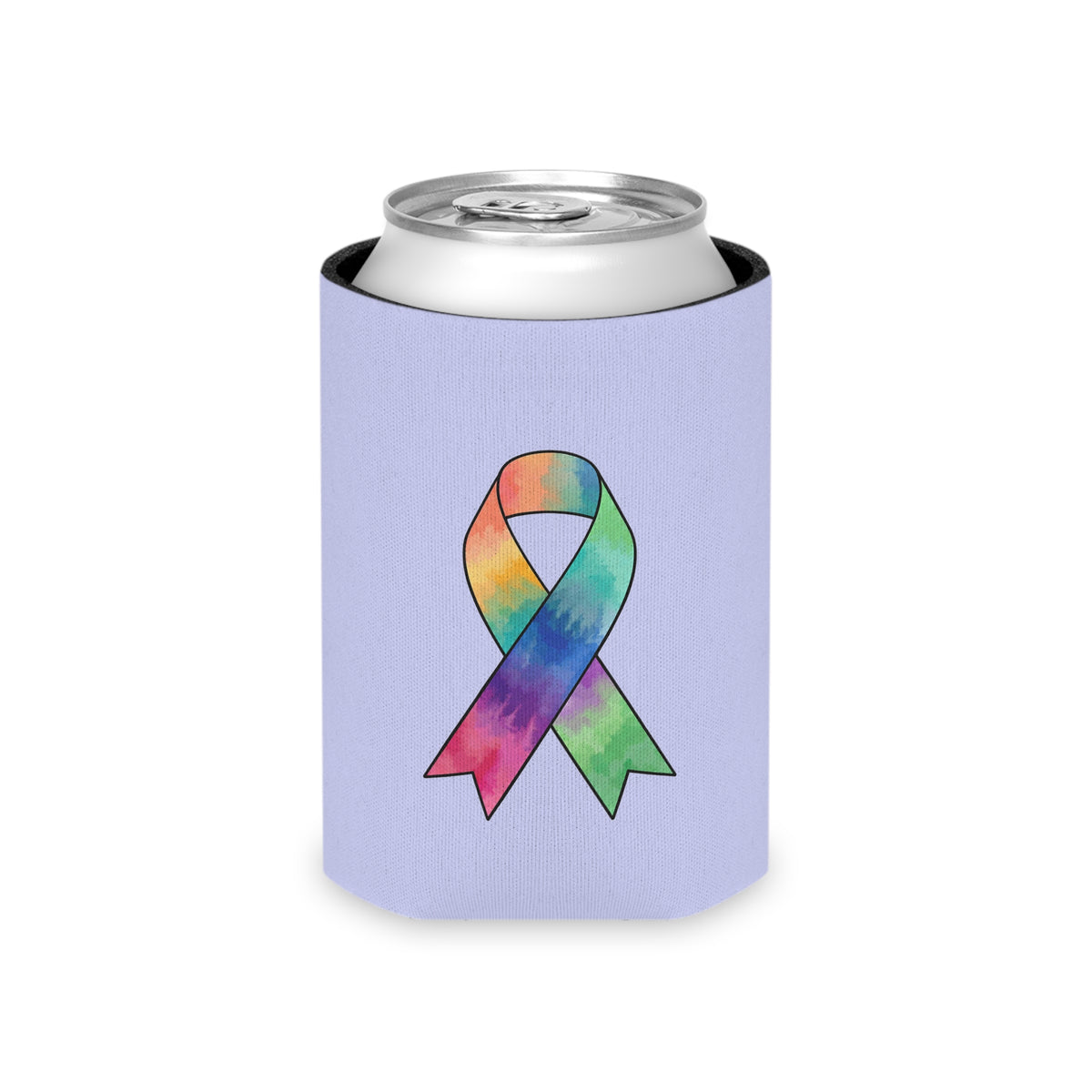 Back of lavender Kickin' Cancer can cooler with a multicolored awareness ribbon