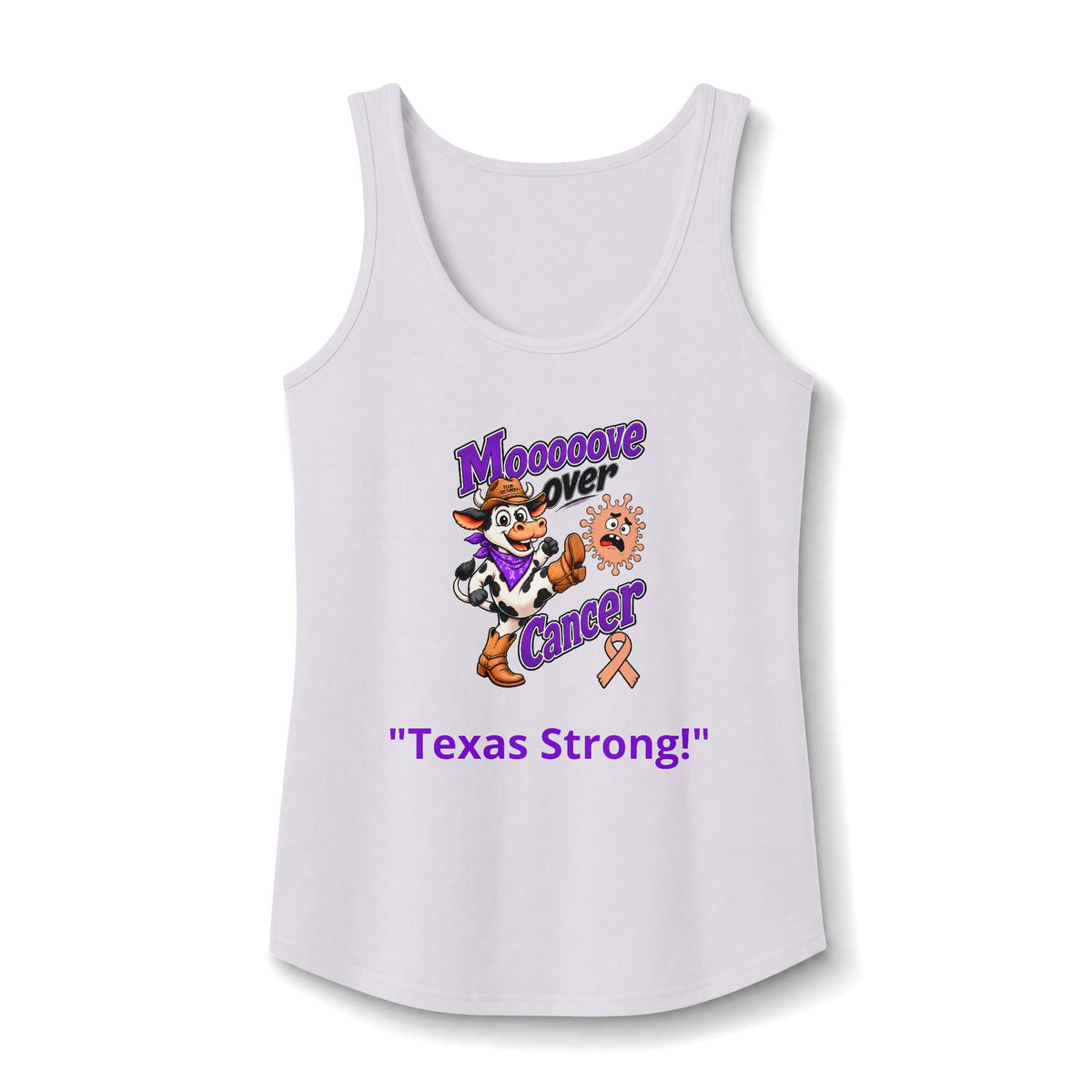 Moooove Over Cancer Texas Strong tank top with peach Uterine Cancer awareness ribbon on white