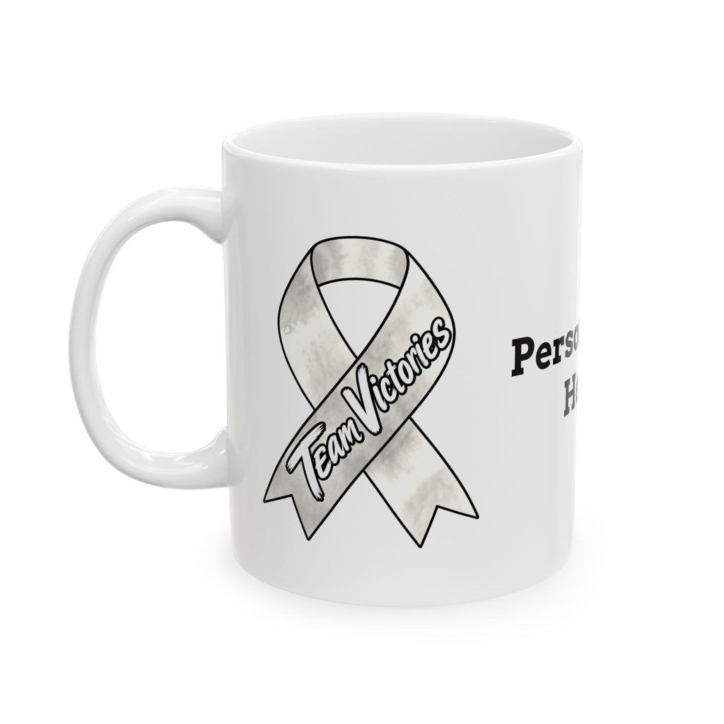 Moooove Over Cancer mug showing Team Victories design and Lung Cancer awareness ribbon