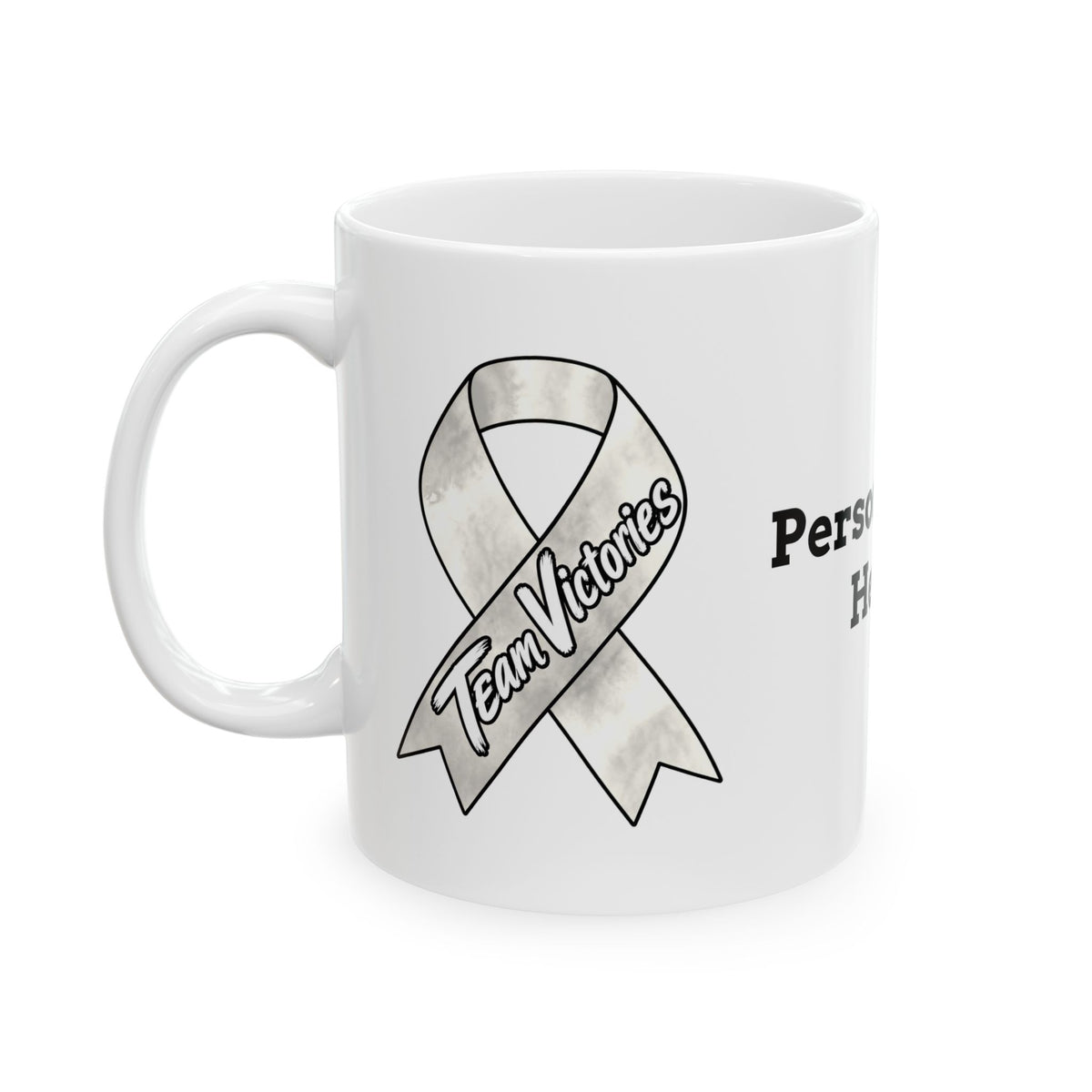 Moooove Over Cancer mug showing Team Victories design and Lung Cancer awareness ribbon