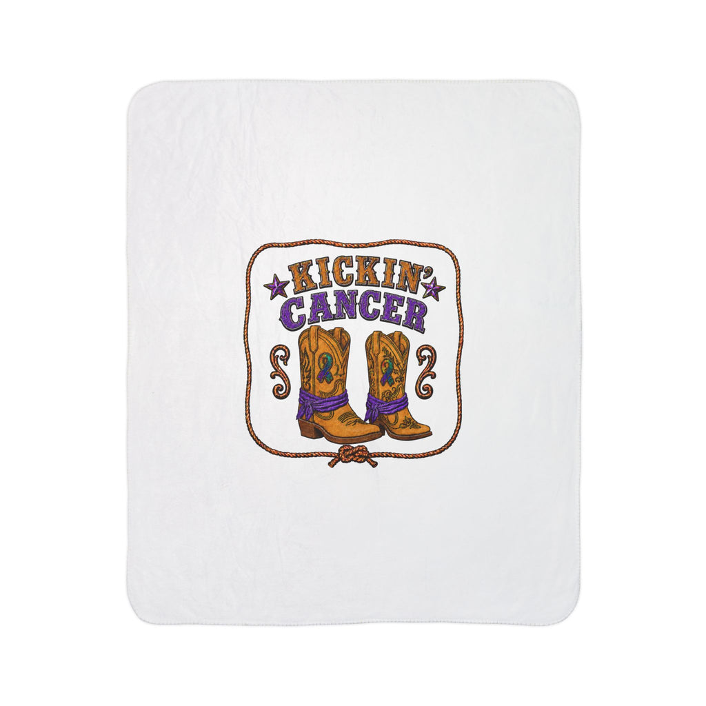 Kickin' Cancer blanket laid flat with the western boot print centered