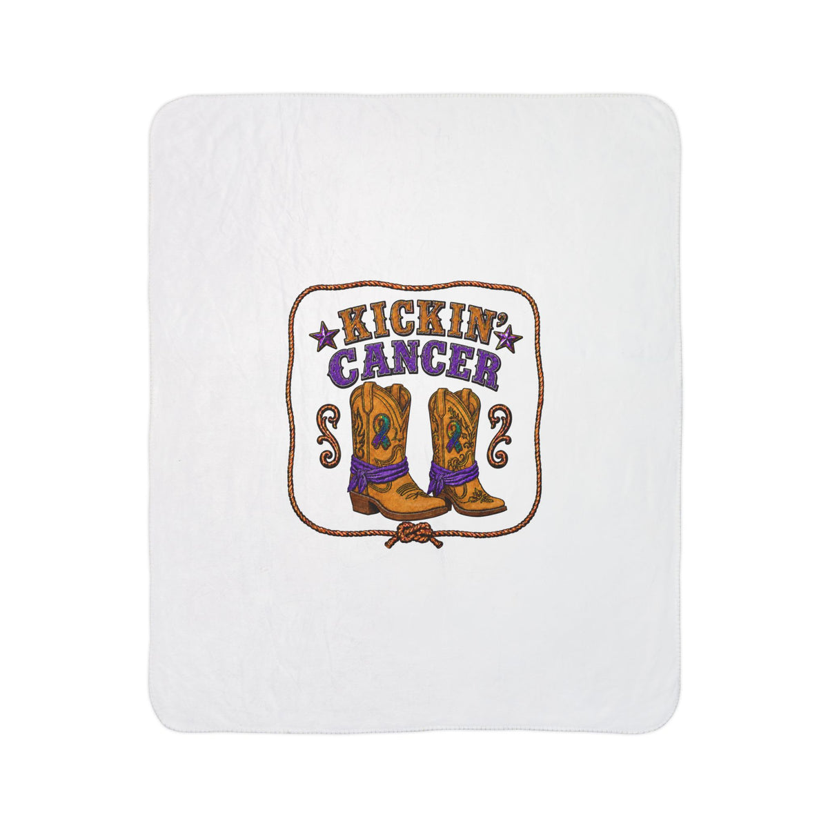 Kickin' Cancer blanket laid flat with the western boot print centered