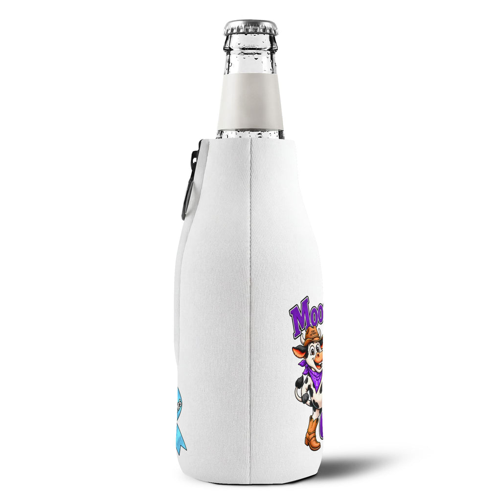 Side view of Moooove Over Cancer bottle cooler sleeve showing colorful printed cow artwork