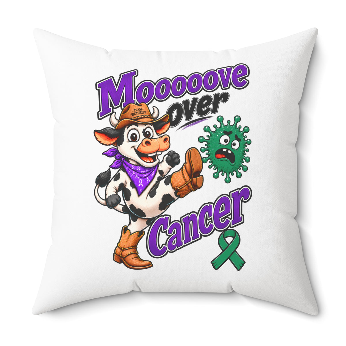 Team Victories Liver Cancer awareness ribbon design printed on a white throw pillow