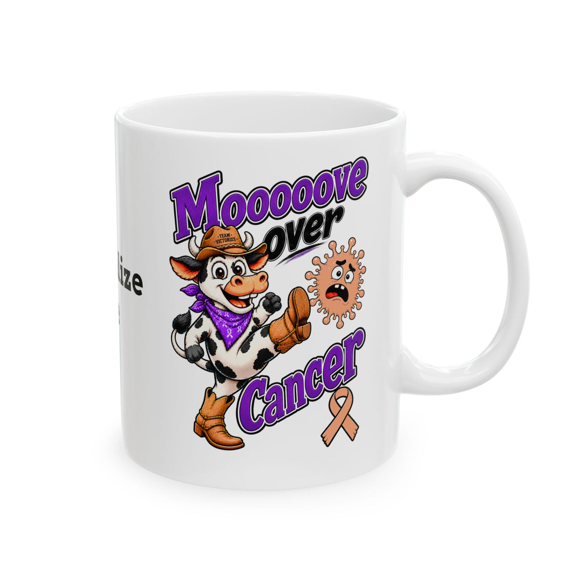 Moooove Over Cancer ceramic mug with cow design and Uterine Cancer awareness ribbon