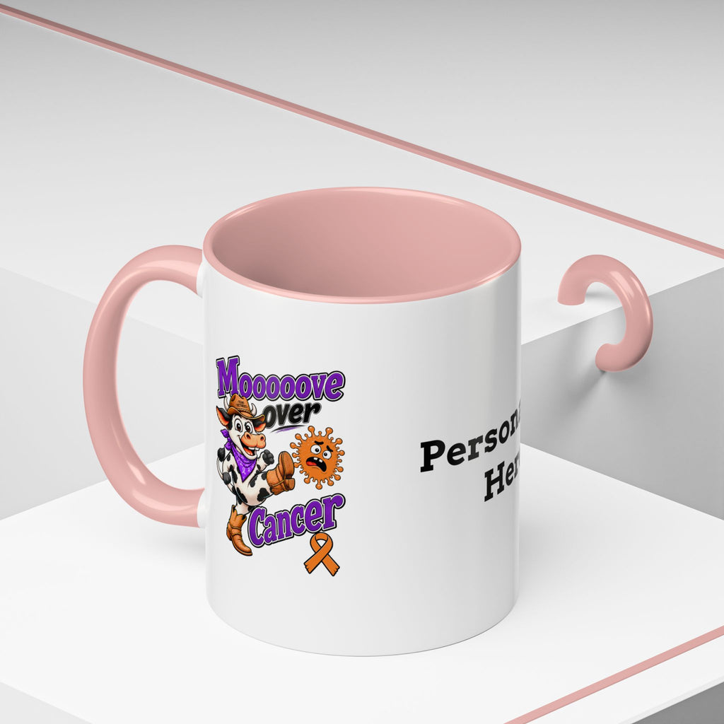 Moooove Over Cancer mug showing Team Victories Leukemia/Kidney Cancer awareness ribbon with red accents