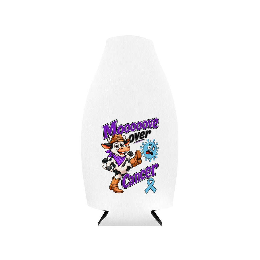 Moooove Over Cancer bottle cooler sleeve with cow artwork and blue Prostate Cancer awareness ribbon