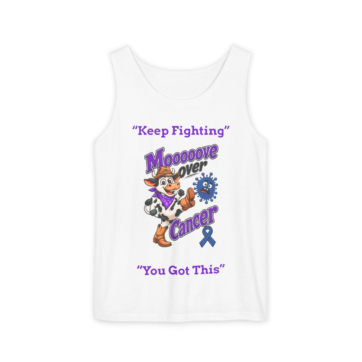 White Moooove Over Cancer tank top with Colon Cancer awareness ribbon and Keep Fighting design