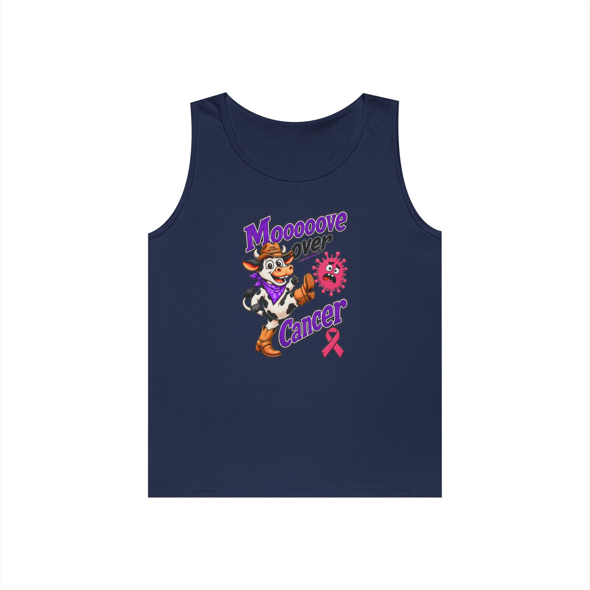 Navy Moooove Over Cancer tank top with western character and Breast Cancer awareness ribbon