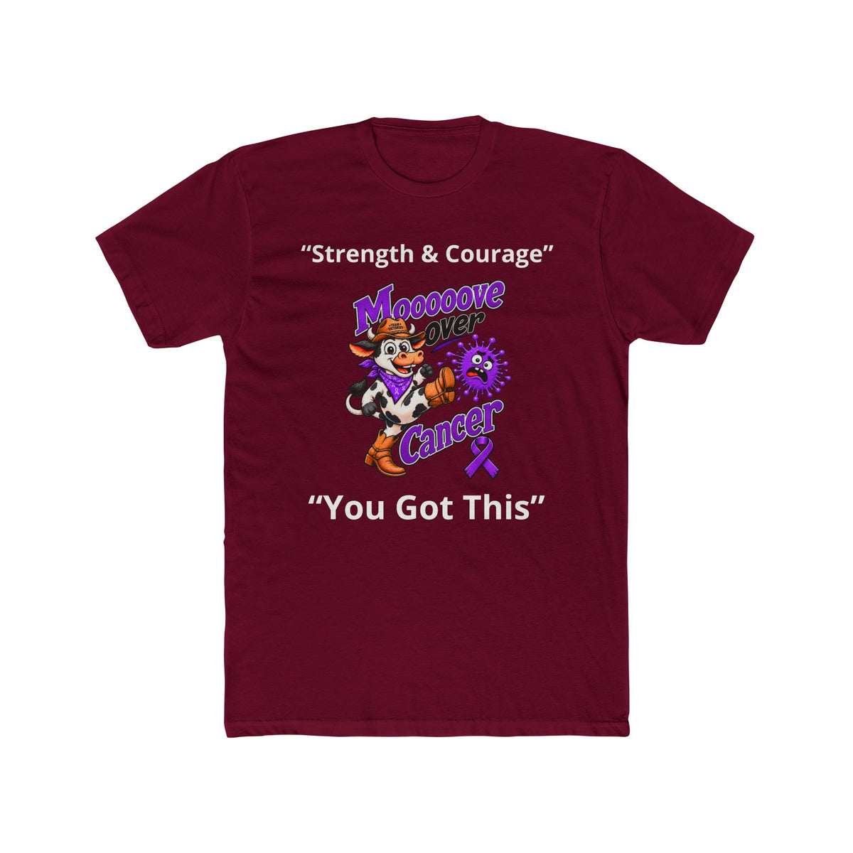 Burgundy Moooove Over Cancer shirt showing You Got This and a Pancreatic Cancer awareness ribbon