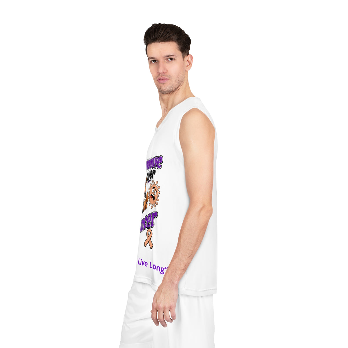 Side view of Moooove Over Cancer basketball jersey showing its sleeveless fit