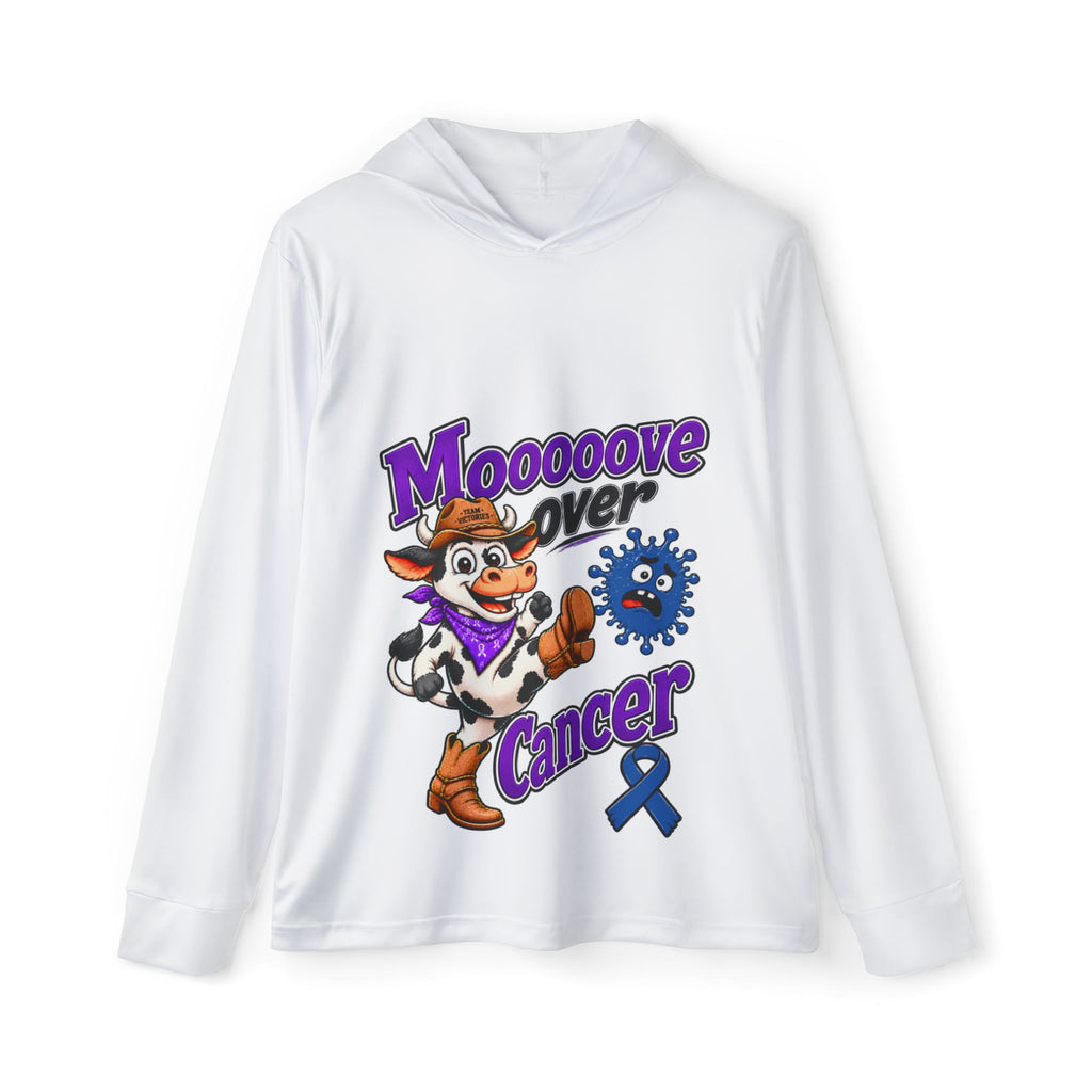 Moooove Over Cancer white hoodie with cow artwork and blue awareness ribbon