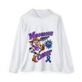 Moooove Over Cancer white hoodie with cow artwork and blue awareness ribbon