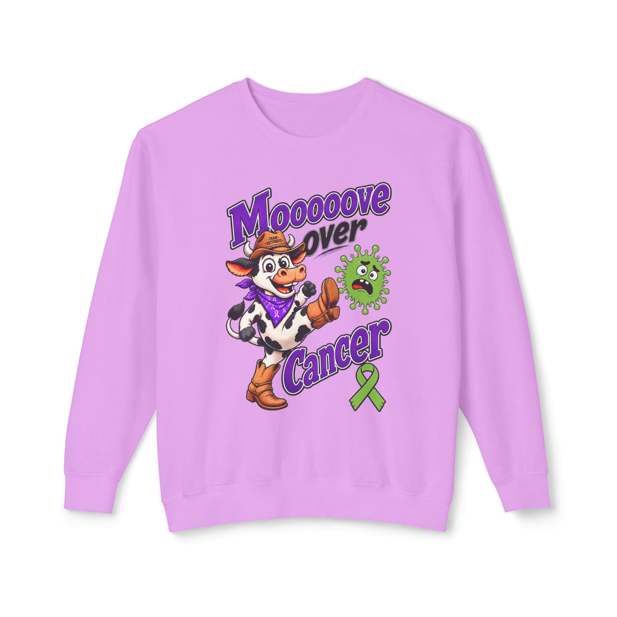 Moooove Over Cancer crewneck sweatshirt in purple with cow artwork and Non-Hodgkin/Lymphoma Cancer awareness ribbon