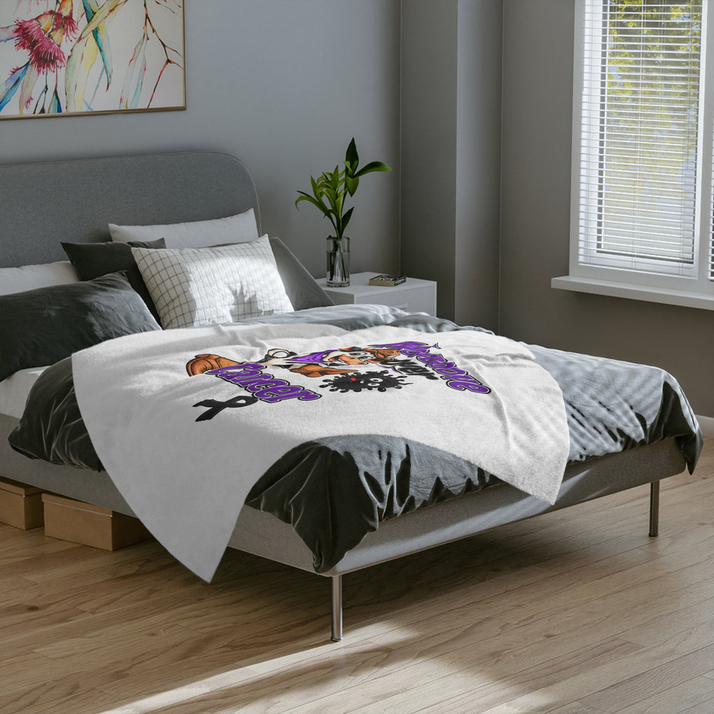 Moooove Over Cancer blanket spread across a bed in a bedroom