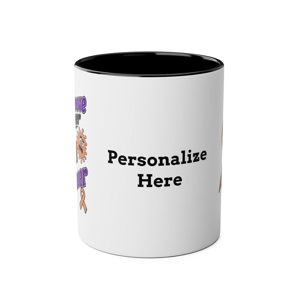 Rear view of personalized Moooove Over Cancer mug with red accent