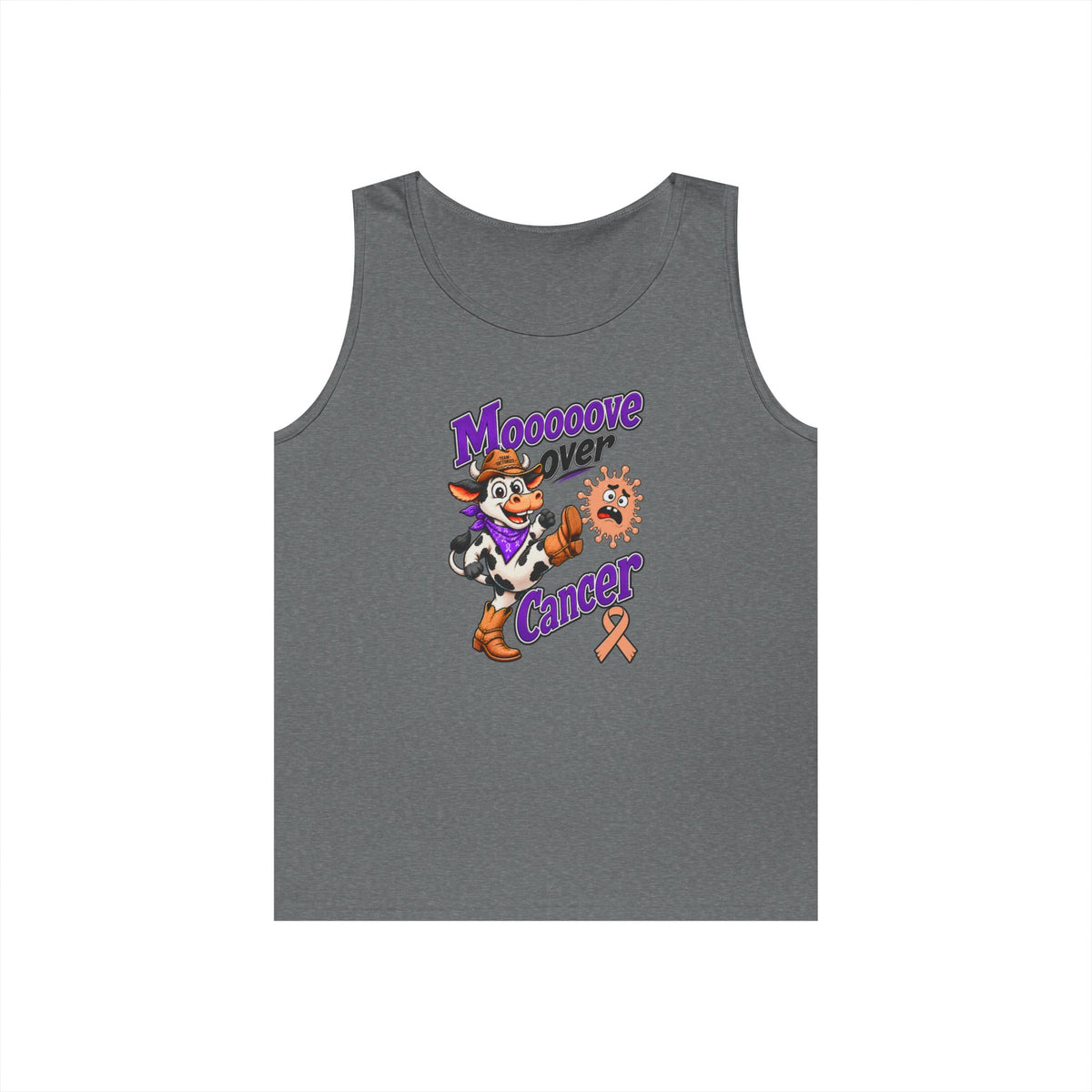 Heather gray Moooove Over Cancer tank top with cow artwork and Uterine Cancer awareness ribbon