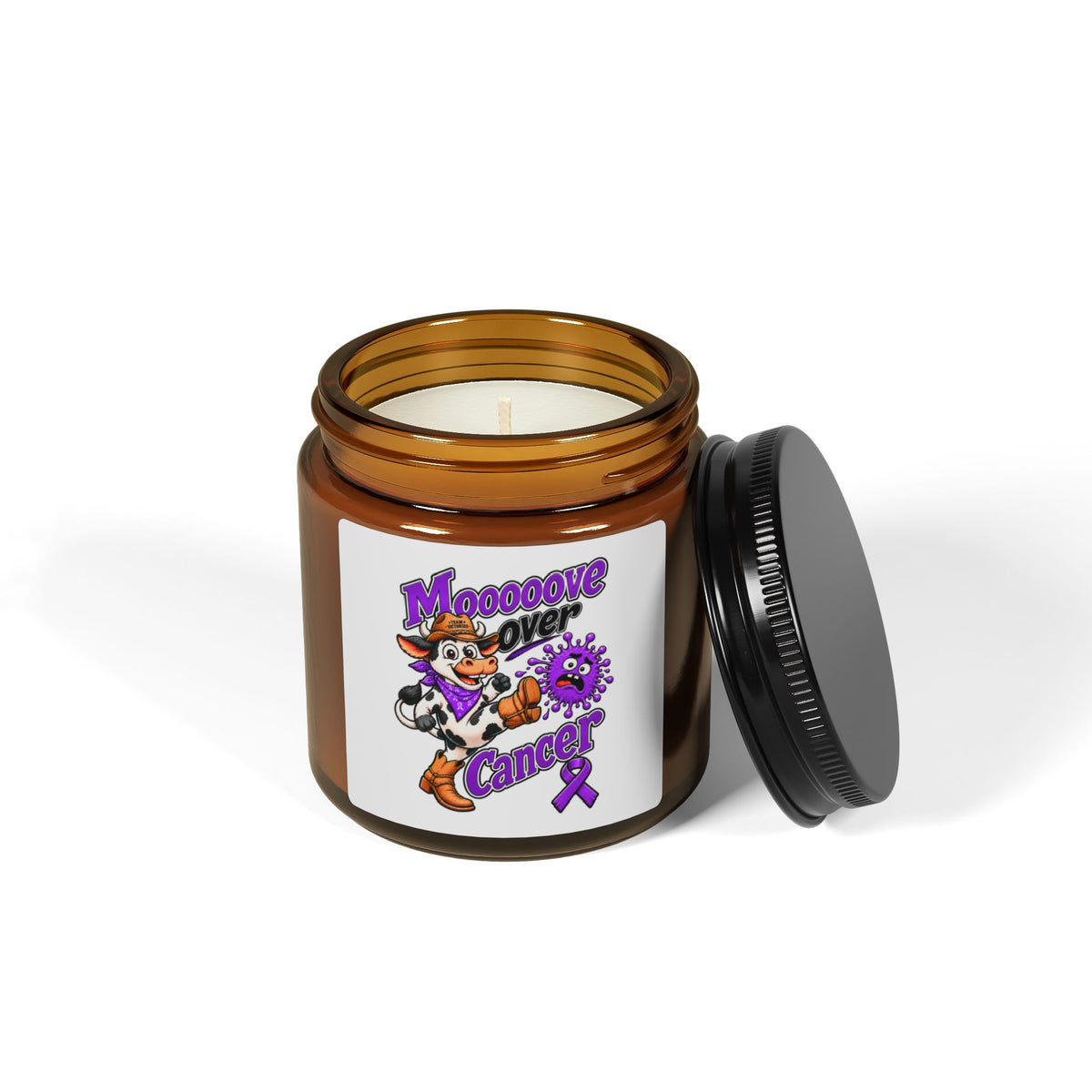 Open Moooove Over Cancer soy candle showing cotton wick, amber jar, and Pancreatic Cancer awareness ribbon
