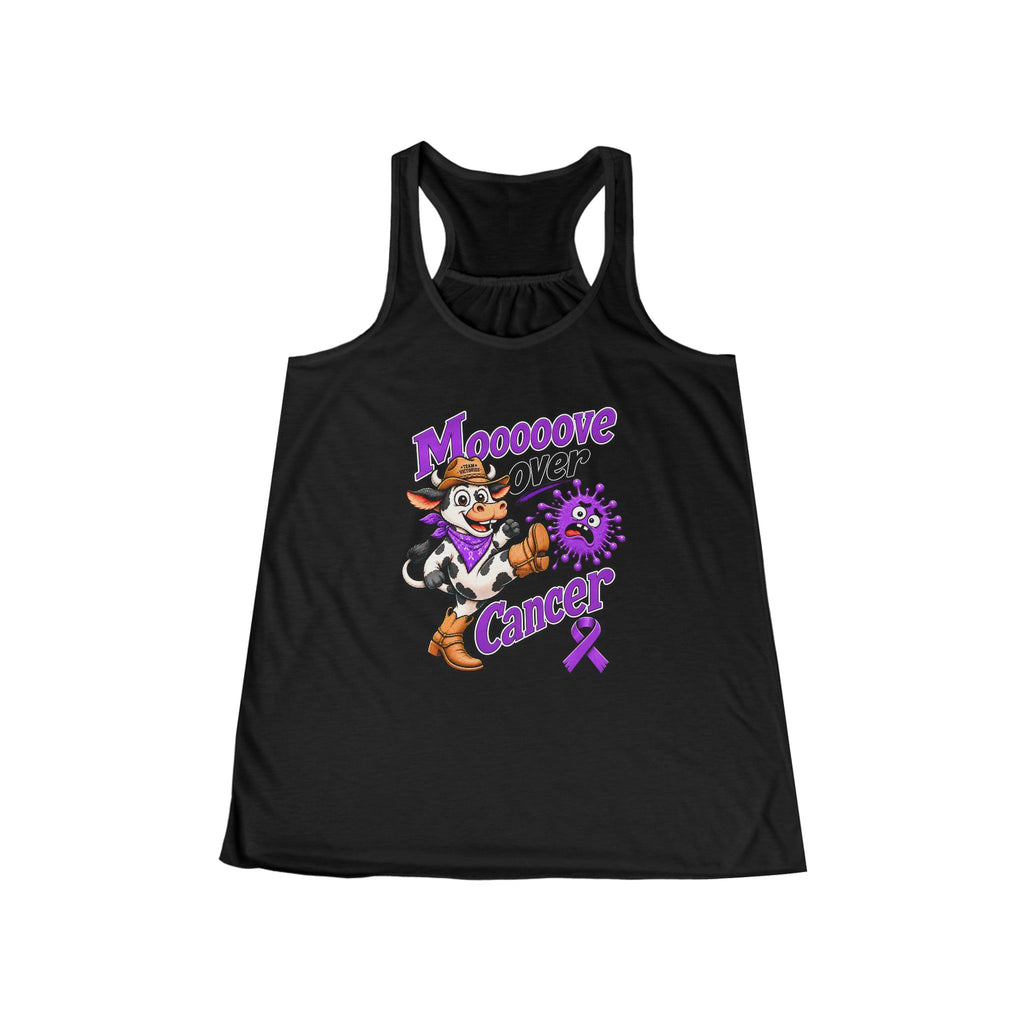 Black Moooove Over Cancer women's racerback tank with western artwork and purple ribbon