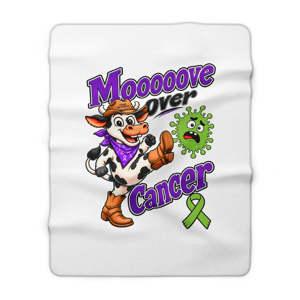 Close view of Moooove Over Cancer sherpa blanket design and Non-Hodgkin/Lymphoma Cancer awareness ribbon