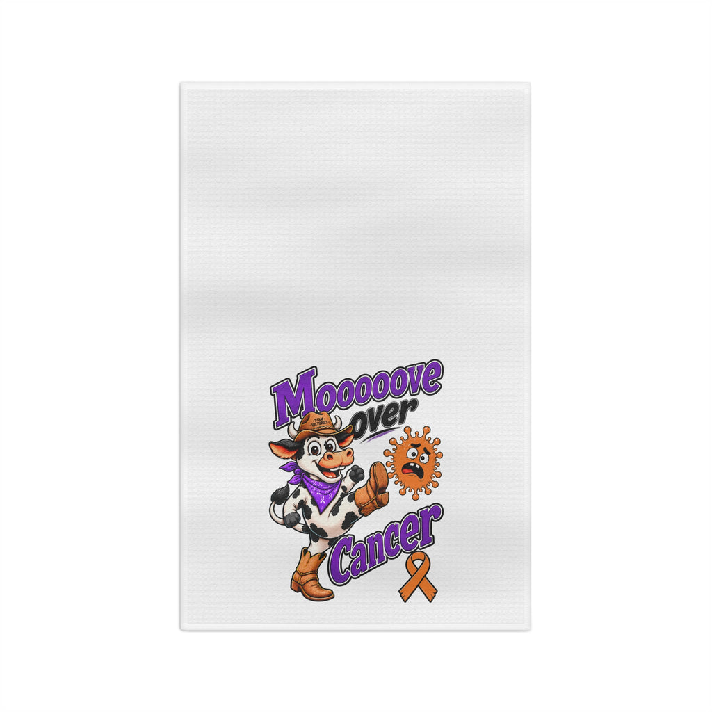 Moooove Over Cancer microfiber tea towel with cow artwork and orange awareness ribbon