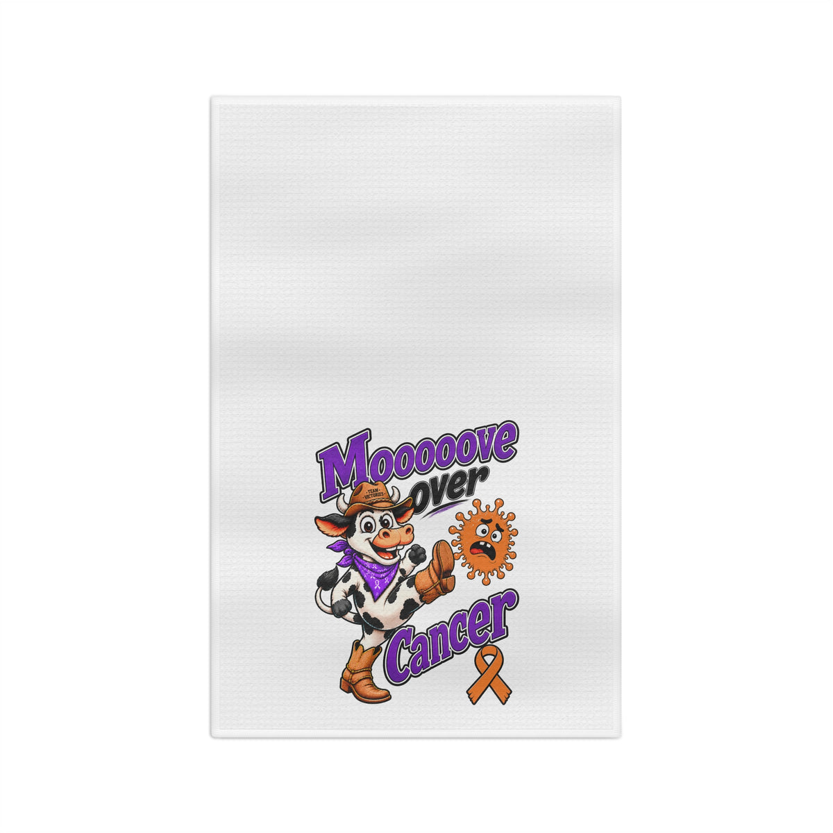 Moooove Over Cancer microfiber tea towel with cow artwork and orange awareness ribbon