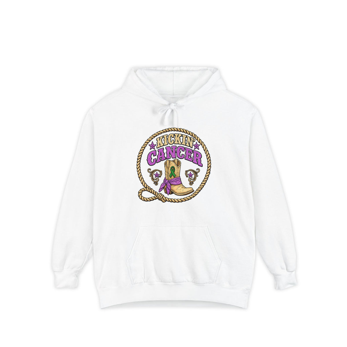 White Cancer hoodie with purple-and-gold western graphic and rope lariat design