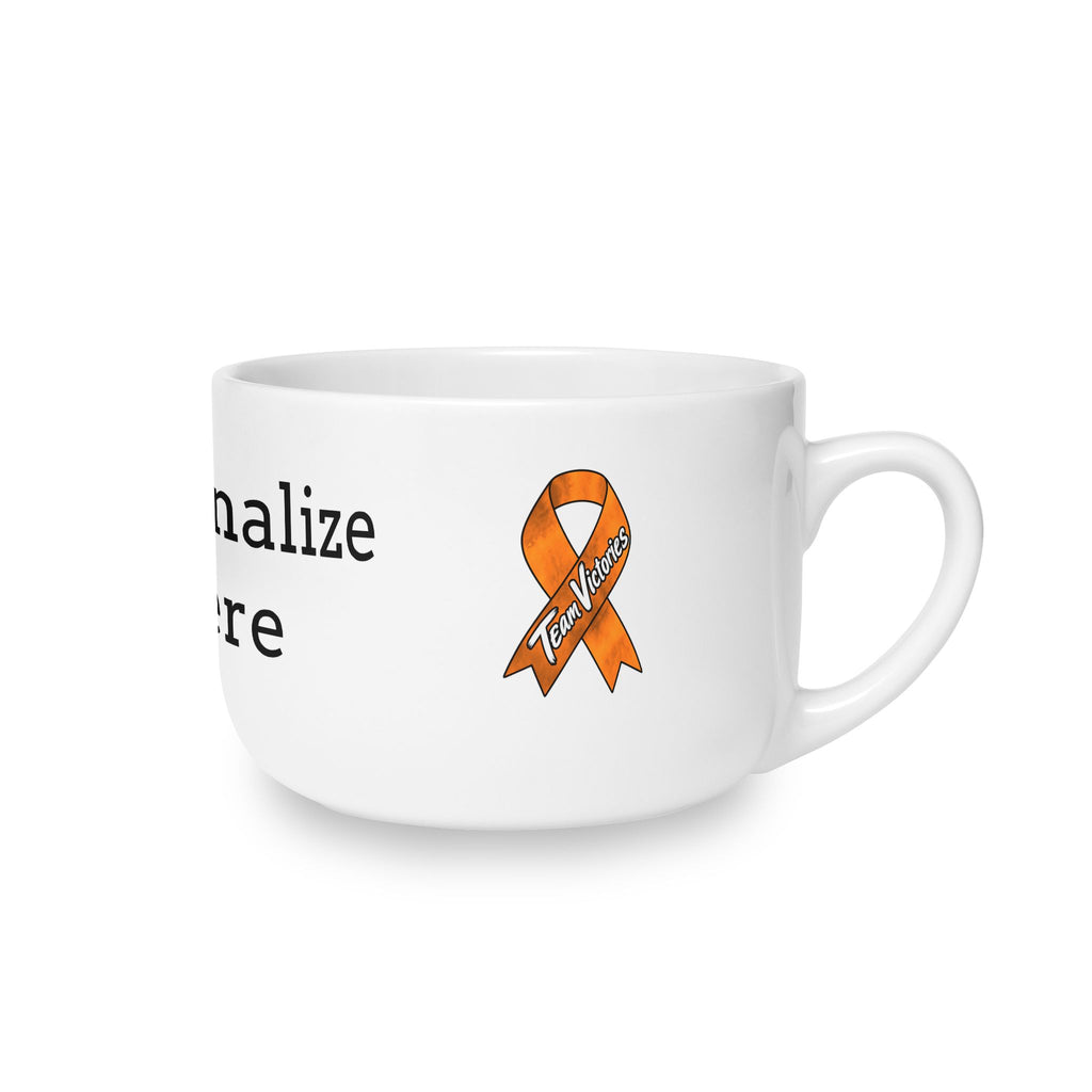 Moooove Over Cancer latte mug with orange Leukemia/Kidney Cancer awareness ribbon and personalization area