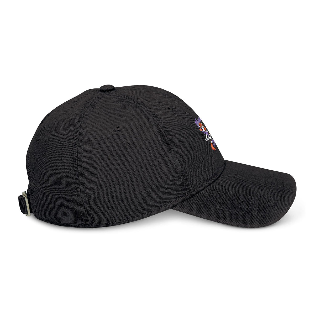 Side view of black Moooove Over Cancer denim hat with embroidered artwork