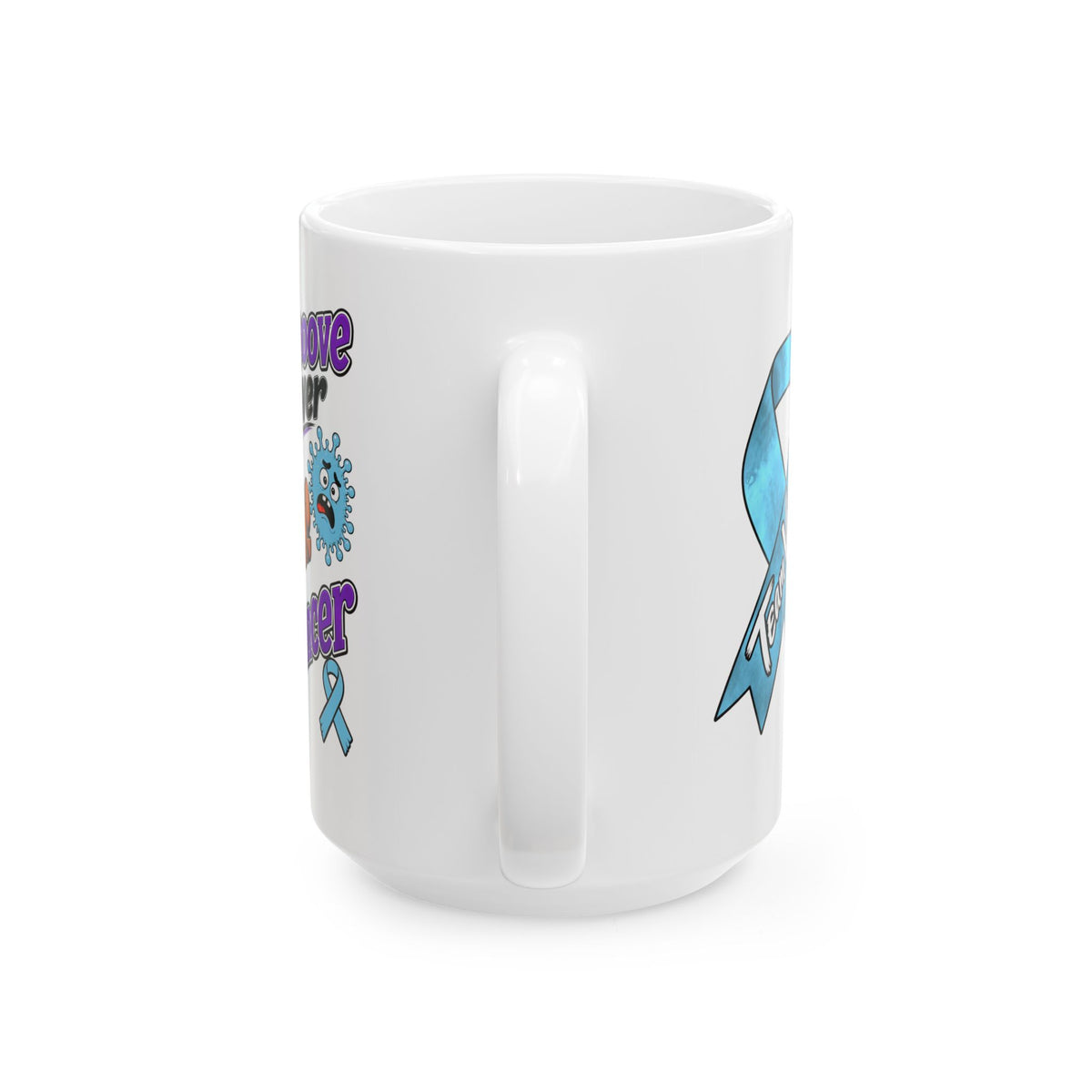 Moooove Over Cancer mug handle and side view with personalization option