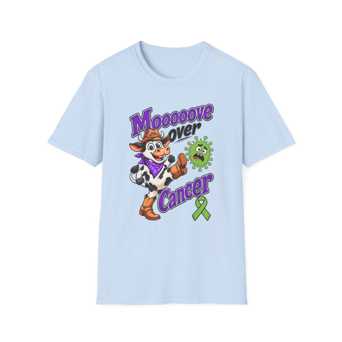 Light blue Moooove Over Cancer shirt with cowgirl graphic and awareness ribbon