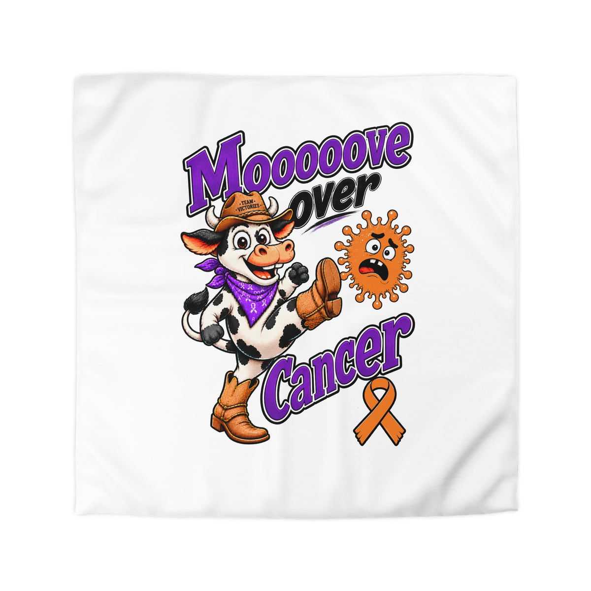 Square view of Moooove Over Cancer duvet cover with colorful cow artwork and Leukemia/Kidney Cancer awareness ribbon