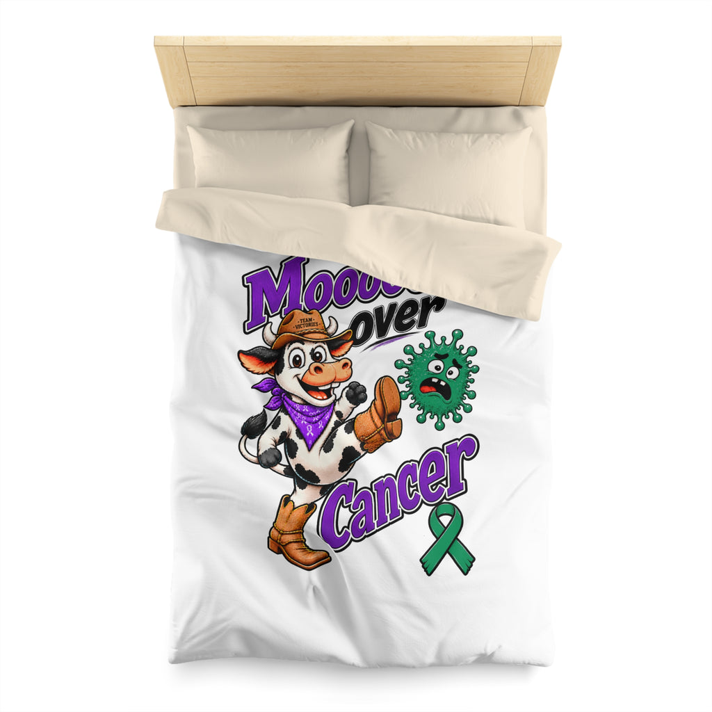 Bedroom view of Moooove Over Cancer duvet cover with vibrant cowgirl-cow artwork