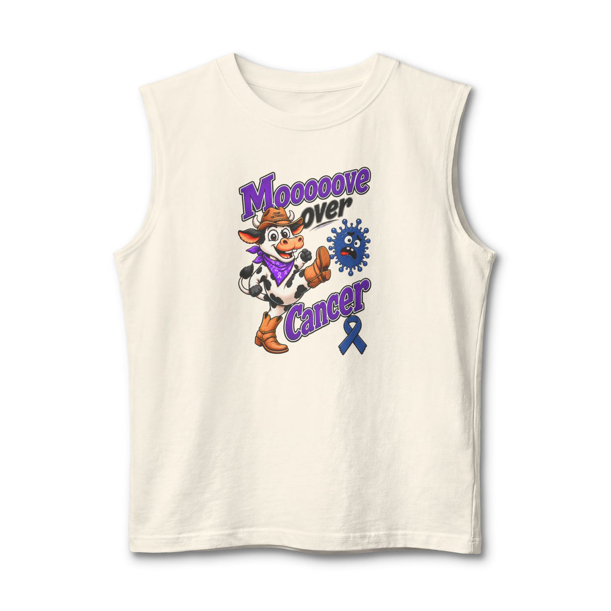 Cream Moooove Over Cancer tank top with cow graphic and Colon Cancer awareness ribbon