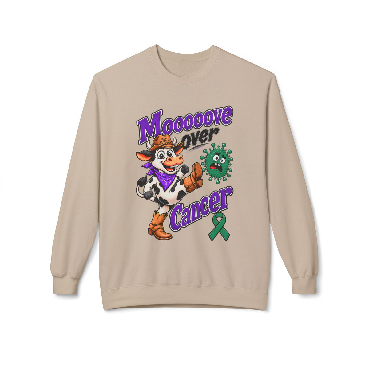 Woman wearing Moooove Over Cancer crewneck with Liver Cancer awareness ribbon