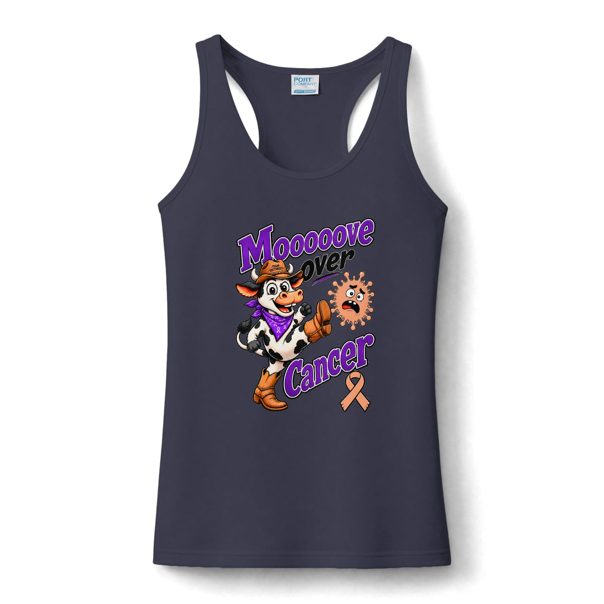 Moooove Over Cancer women's tank with peach Uterine Cancer awareness ribbon on navy