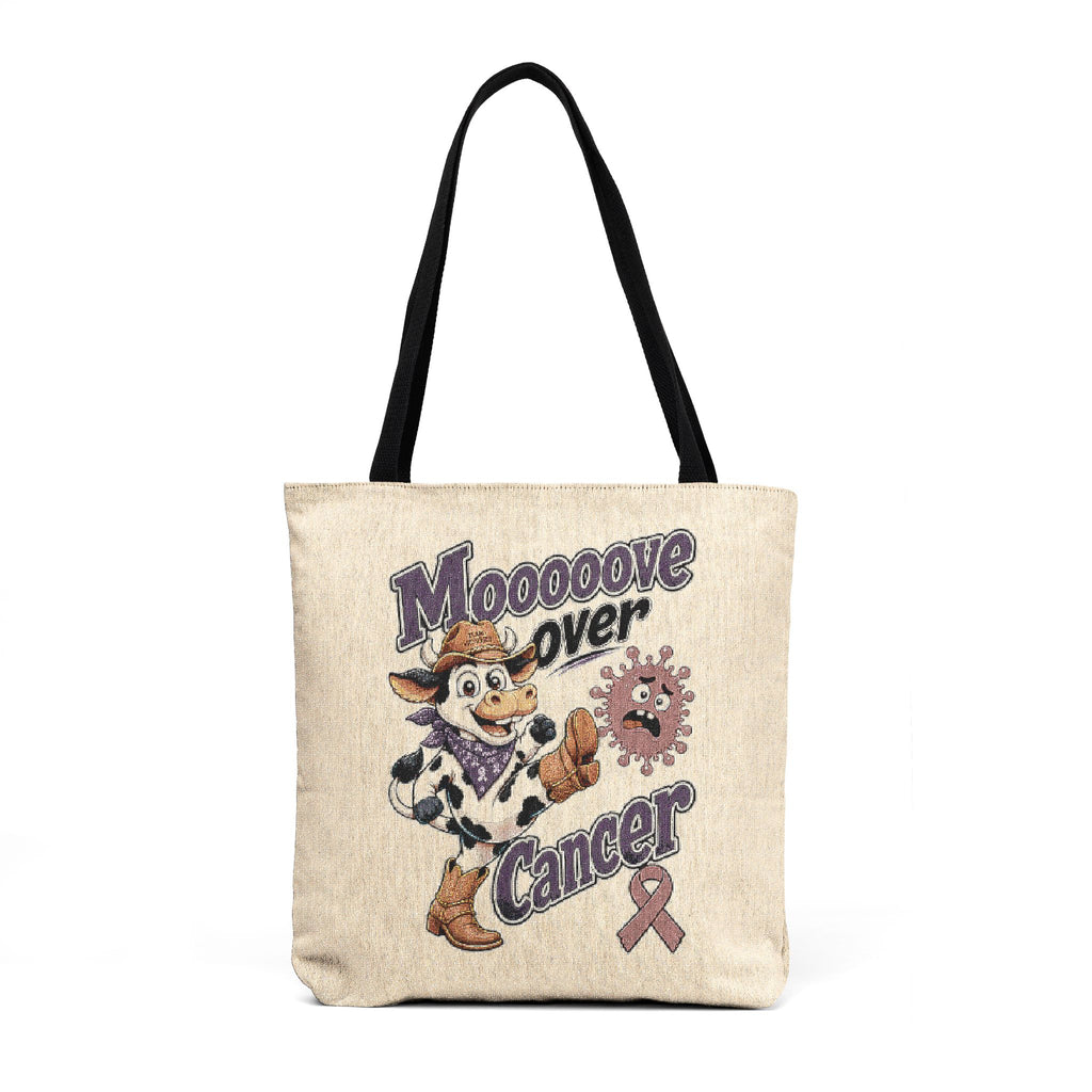 Moooove Over Cancer woven tote bag with cowgirl design and cancer ribbon