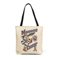 Moooove Over Cancer woven tote bag with cowgirl design and cancer ribbon