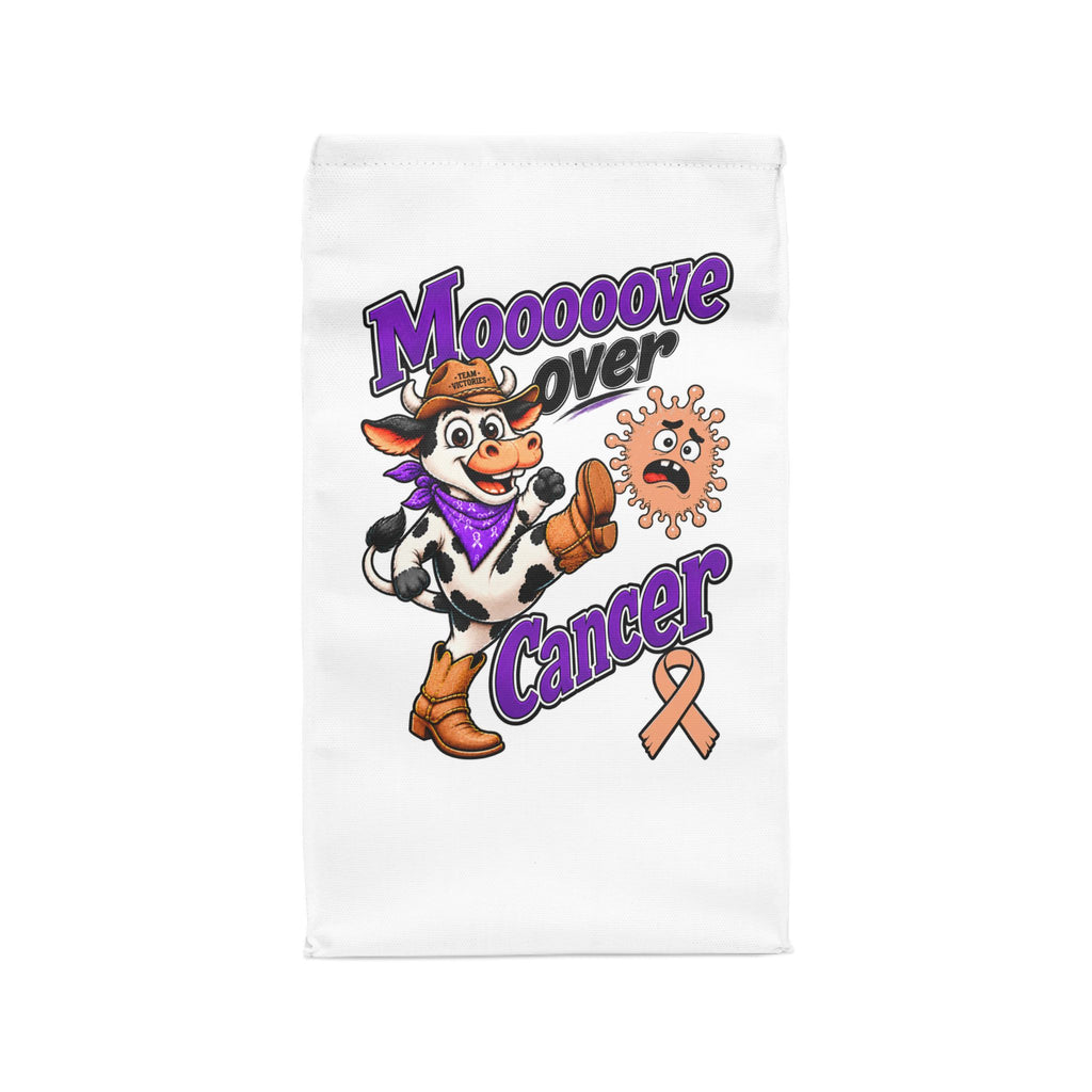Moooove Over Cancer lunch bag with colorful cow artwork and orange awareness ribbon