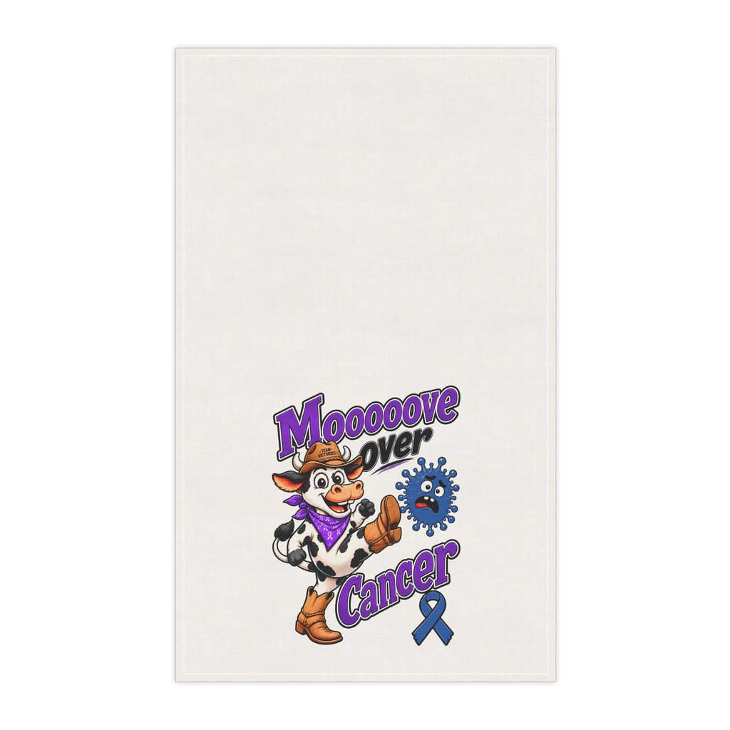 Moooove Over Cancer cotton tea towel with playful cow, purple lettering, and blue awareness ribbon