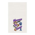 Moooove Over Cancer cotton tea towel with playful cow, purple lettering, and blue awareness ribbon