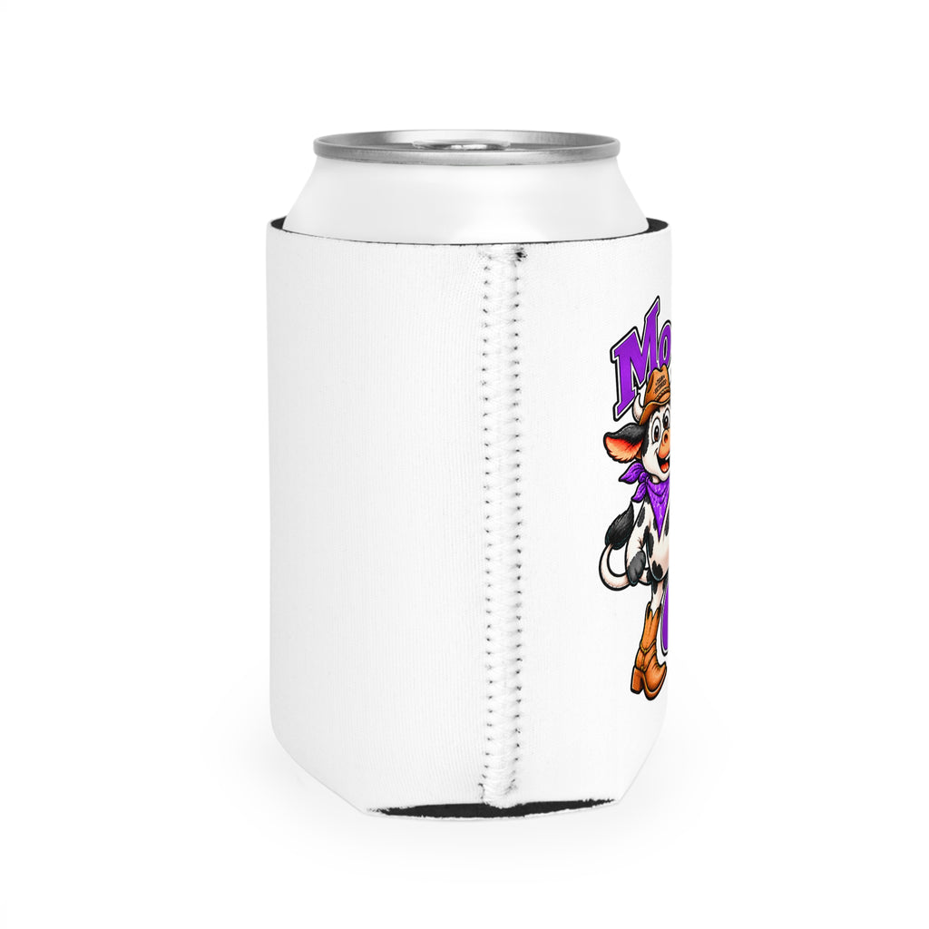 Side view of Moooove Over Cancer can cooler sleeve showing stitched neoprene seam