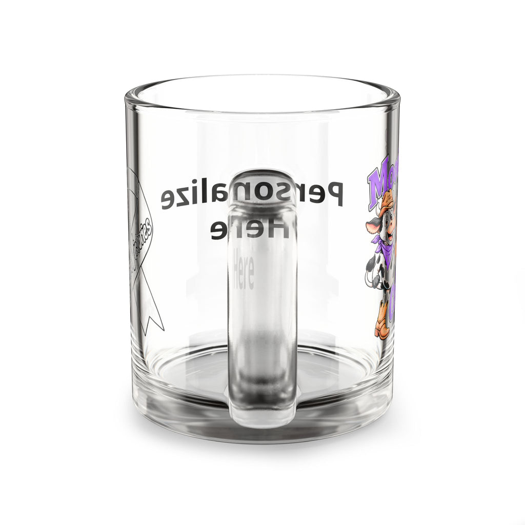 Back view of clear Moooove Over Cancer glass mug with visible personalization area